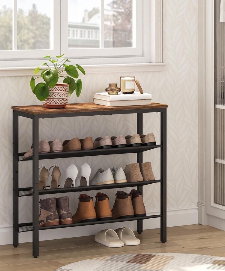 Schoenenrek met 4 verdiepingen schoenenkast verstelbaar metalen roosterrek ruime bovenkant voor 12-15 paar schoenen ingang gang industrie vintage bruin-zwart