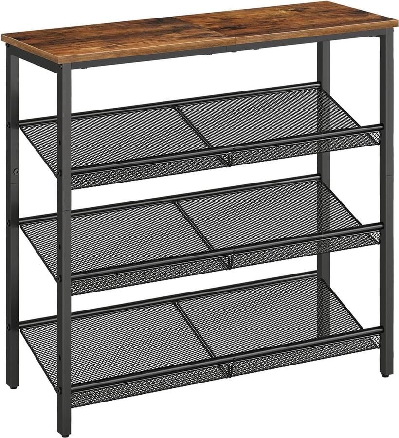 Schoenenrek met 4 Verdiepingen Schoenenkast Verstelbaar Metalen Roosterrek Ruime Bovenkant voor 12-15 Paar Schoenen Ingang Gang Industriële Stijl Vintage Bruin-Zwart