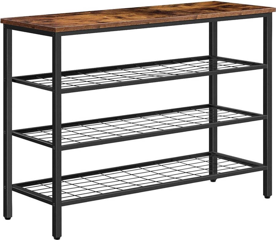 Schoenenrek met 4 verdiepingen smal schoenenrek afmetingen 100 x 30 x 68 cm met legplank voor in de gang woonkamer hal slaapkamer met industriële uitstraling kleur donkerbruin zwart