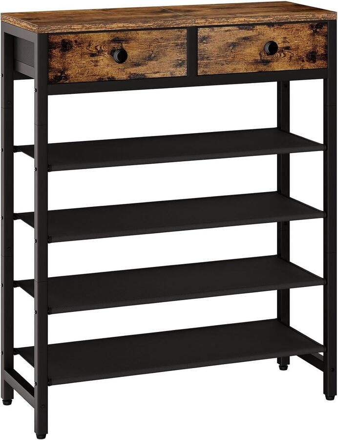 Retadou Schoenenrek met 5 etages grote capaciteit schoenenrek met 2 stoffen laden voor 12-16 paar schoenen moderne metalen schoenenstandaard met stoffen rek voor entree hal woonkamer rustiek bruin