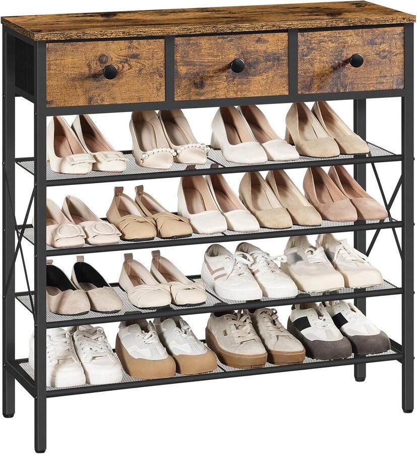 Schoenenrek met 5 niveaus – groot schoenenrek met 3 stoffen laden en 4 roosters ruimtebesparend vintage bruin-zwart ideaal voor hal of entree