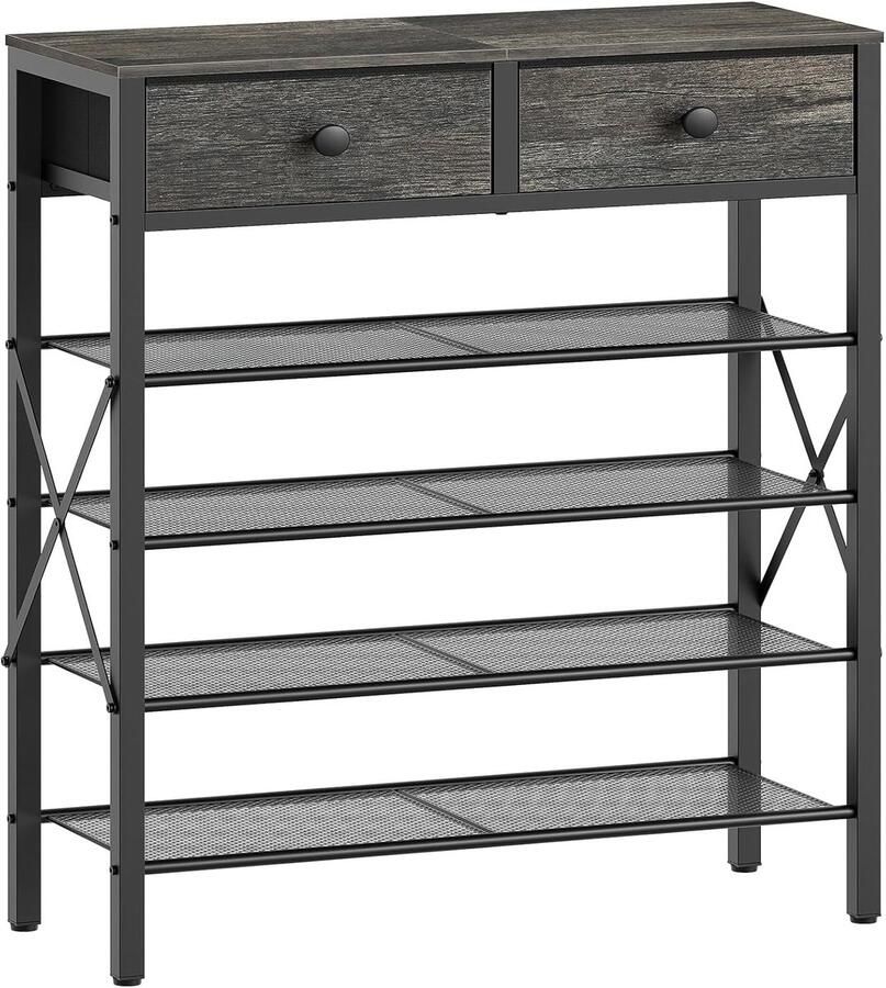 Schoenenrek met 5 niveaus – groot schoenenrek voor 20 paar schoenen met 2 stoffen laden en 4 roosters ruimtebesparend antracietgrijs-zwart ideaal voor hal of entree