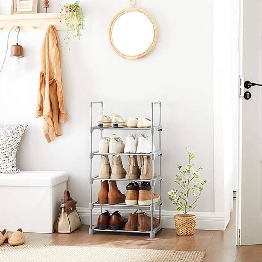 Schoenenrek met 5 niveaus metalen schoenenrek stapelbaar ruimtebesparend schoenenrek multifunctioneel staande plank voor hal slaapkamer woonkamer grijs LSA005G02 - Foto 2