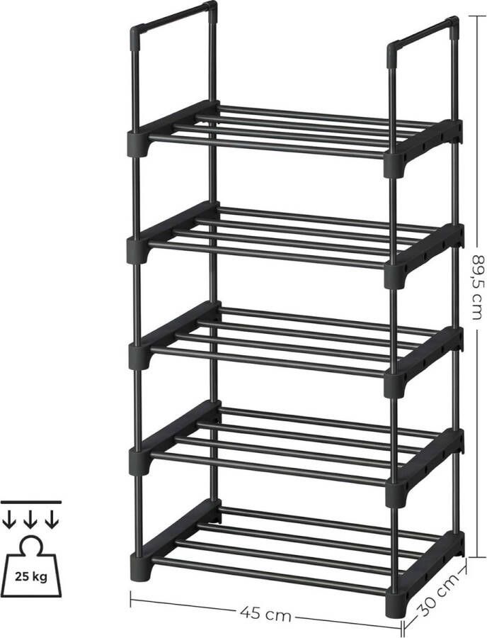 Schoenenrek met 5 niveaus metalen schoenenrek stapelbaar ruimtebesparend schoenenrek multifunctioneel staande plank voor hal slaapkamer woonkamer zwart - Foto 2