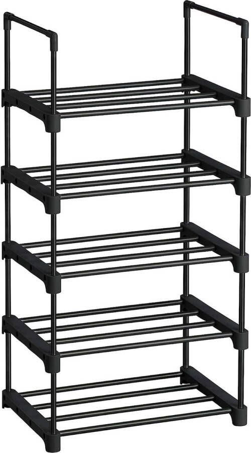 Schoenenrek met 5 niveaus metalen schoenenrek stapelbaar ruimtebesparend schoenenrek multifunctioneel staande plank voor hal slaapkamer woonkamer zwart LSA005B02
