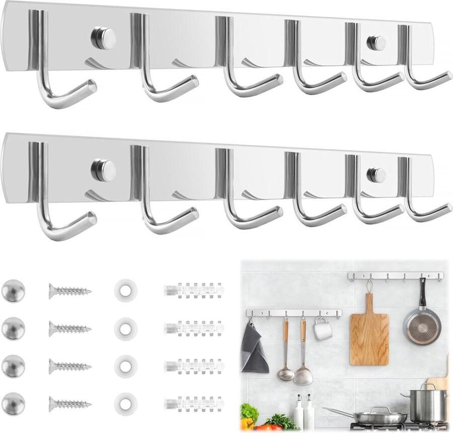 2 Stuks Multifunctionele Wandhaak met 6 Haken Roestvrij Staal Keuken Badkamer Woonkamer en Hal