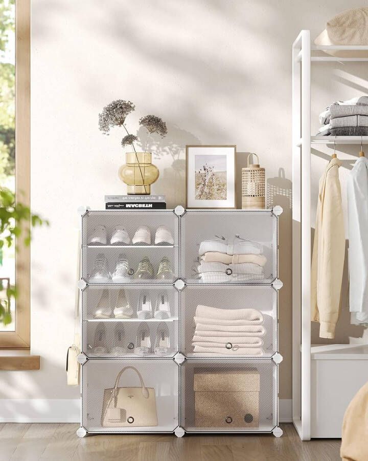 Schoenenrek met 6 vakken schoenenkast 30 x 40 x 30 cm per vak smal met deuren stalen frame kunststof voor hal slaapkamer entree wit