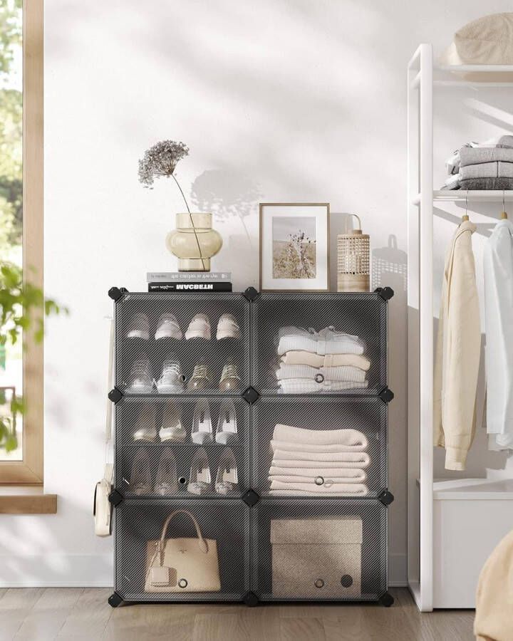 Schoenenrek met 6 vakken schoenenkast 30 x 40 x 30 cm per vak smal met deuren stalen frame kunststof voor hal slaapkamer entree zwart