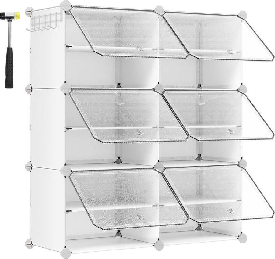 Schoenenrek met 6 vakken schoenenkast 30 x 40 x 30 cm per vak smal met deuren stalen frame kunststof voor hal slaapkamer entree wit