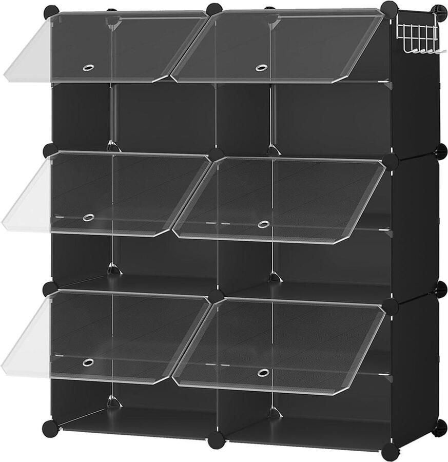Schoenenrek met 6 vakken schoenenrek kubusrek met deur 24 paar schoenen smal kunststof stalen frame woonkamer slaapkamer hal ingang zwart