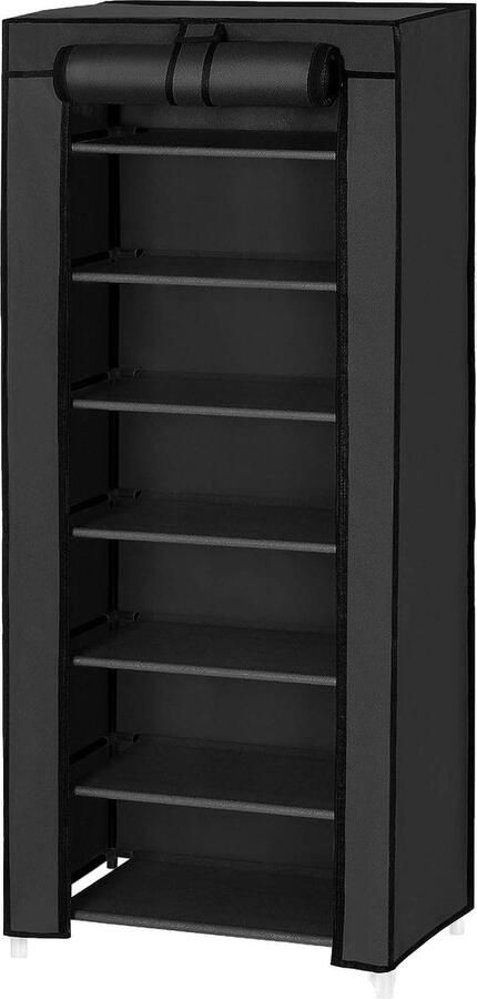 Schoenenrek met 7 niveaus en stoffen bekleding Opbergkast voor schoenen en kleding Eenvoudige montage Zwart 46 x 28 x 126 cm kledingkast