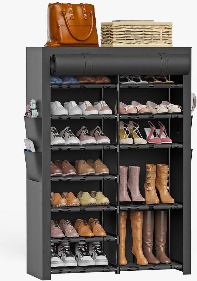 Schoenenrek met 7 niveaus schoenenkast zwart voor 24-32 paar schoenen schoenenkasten met stofbescherming schoenenrek stof zwart voor hal woonkamer