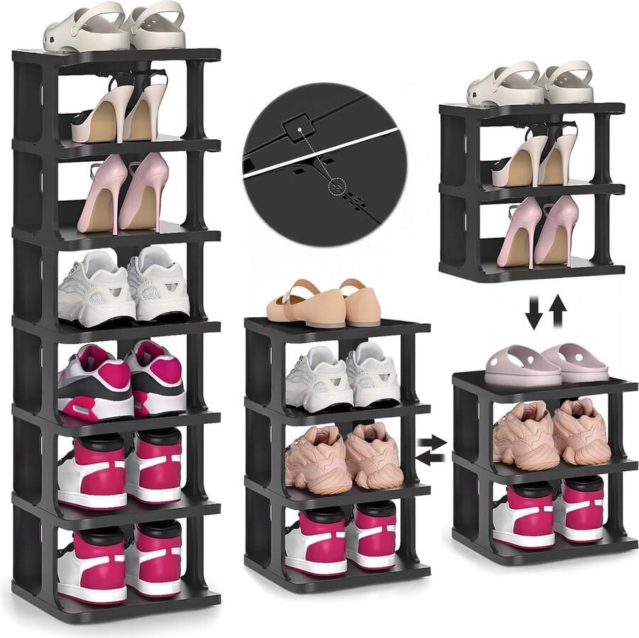 Schoenenrek met 7 niveaus zwarte schoenenkast verticaal ruimtebesparend schoenenorganizer opbergrek vrijstaand schoenenorganizer voor vloer- en vloermeubels hal slaapkamer woonkamer