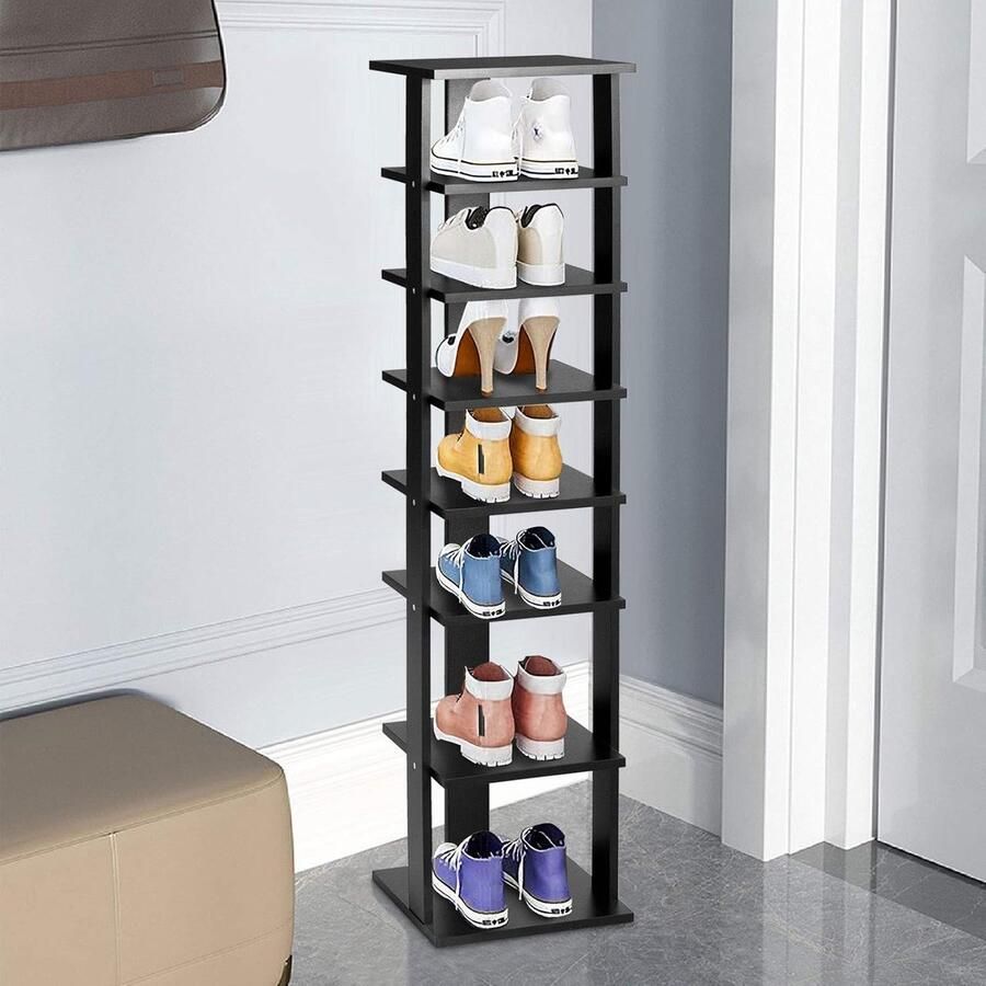 Schoenenrek met 7 Planken – Ruimtebesparende Schoenenkast van Hout 10 kg Draagvermogen – Voor Woning & Kantoor (Zwart)
