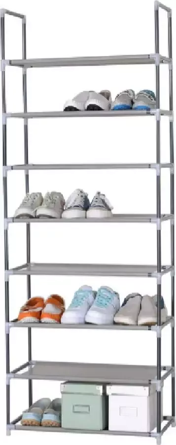 Schoenenrek met 8 Lagen Schoenenrekken Schoenenrekje Schoenenbank Staal & Stof 60x29x140 cm Grijs