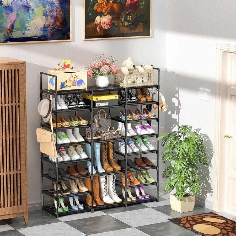Schoenenrek met 8 niveaus 3 rijen metalen schoenenplanken 40-50 paar schoenenopslag schoenenkast voor woonkamer kleedkamer en gang Zwart