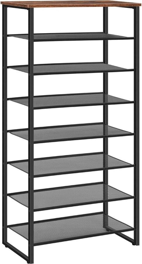 Schoenenrek met 8 niveaus hoge schoenenplank schoenenorganiser voor 21-28 paar schoenen afneembare metalen roosterplanken smalle schoenenstandaard voor hal woonkamer stevig industrieel rustiek bruin EBF68XJ01