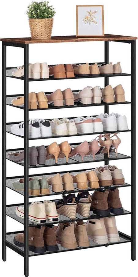 Schoenenrek met 8 niveaus hoog groot smal schoenenrek met platte en kantelbare roosterplanken metaal voor 21-28 paar schoenen voor entree hal vintage bruin-zwart