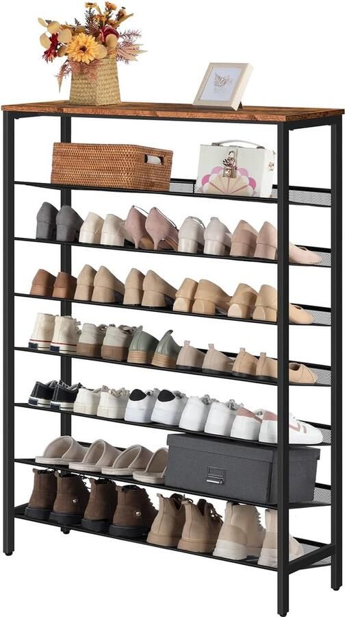 Schoenenrek met 8 niveaus hoog smal schoenenrek 100 x 30 x 137 cm platte en kantelbare roosterplanken voor 32-40 paar schoenen metaal voor entree hal vintage bruin-zwart