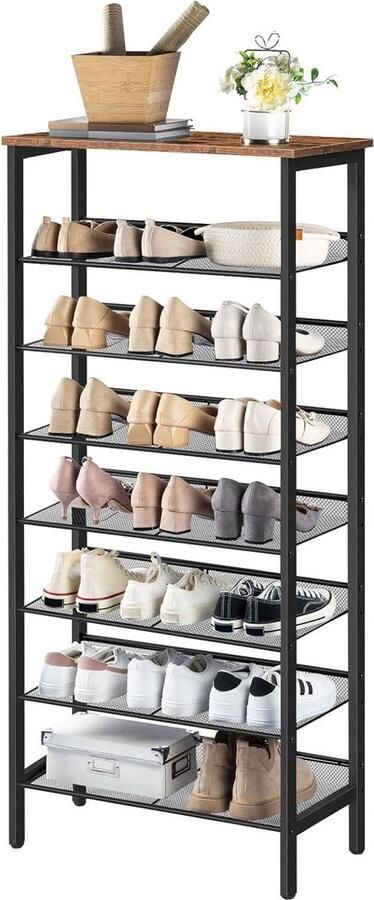 Schoenenrek met 8 niveaus hoog smal schoenenrek 60 x 30 x 137 cm platte en kantelbare roosterplanken voor 16-24 paar schoenen metaal voor entree hal vintage bruin-zwart