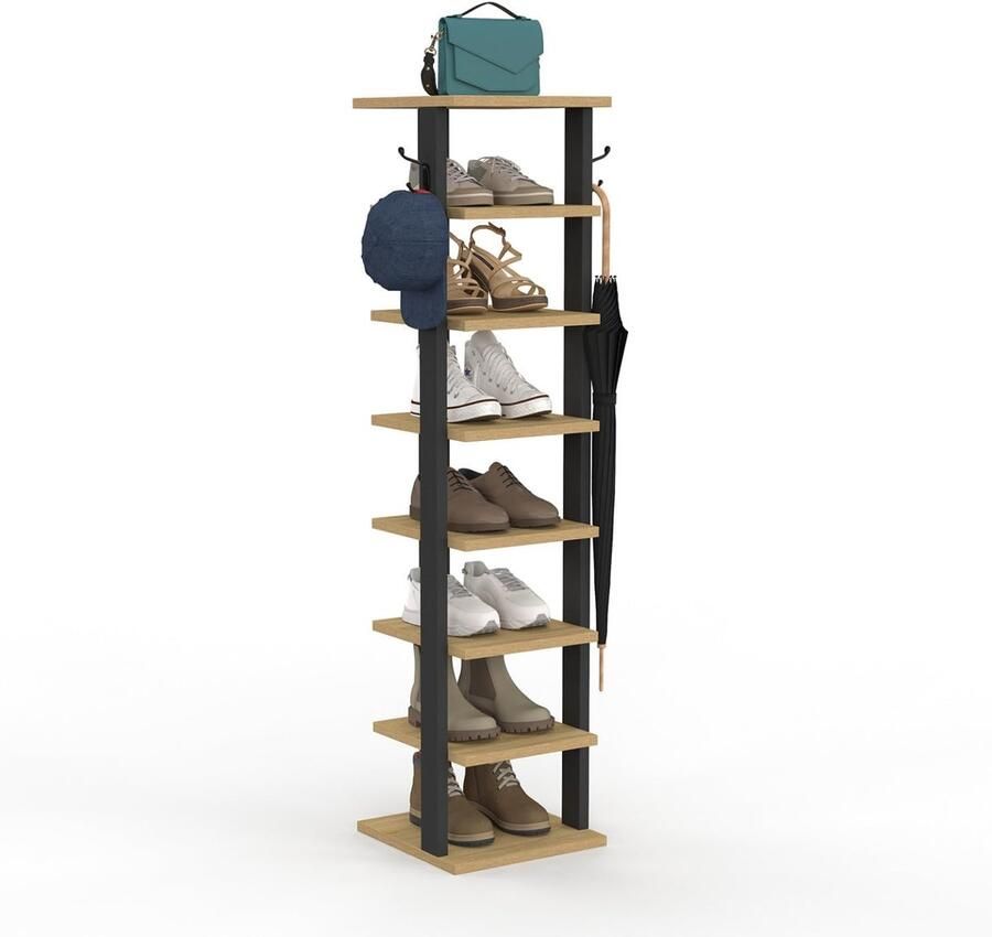 Schoenenrek met 8 niveaus houten planken en zwarte haken praktisch opbergrek voor hal slaapkamer of woonkamer