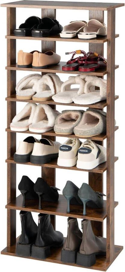Schoenenrek met 8 niveaus in hoogte verstelbaar ruimtebesparend schoenenrek van hout verticaal vrijstaand hoekrek voor ingang hal (bruin dubbel)