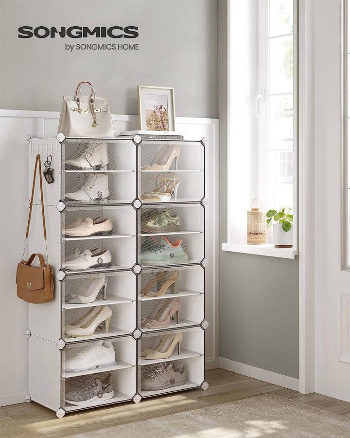 Schoenenrek met 8 vakken schoenenkast 30 x 40 x 30 cm per vak smal met deuren stalen frame kunststof voor hal slaapkamer entree wit