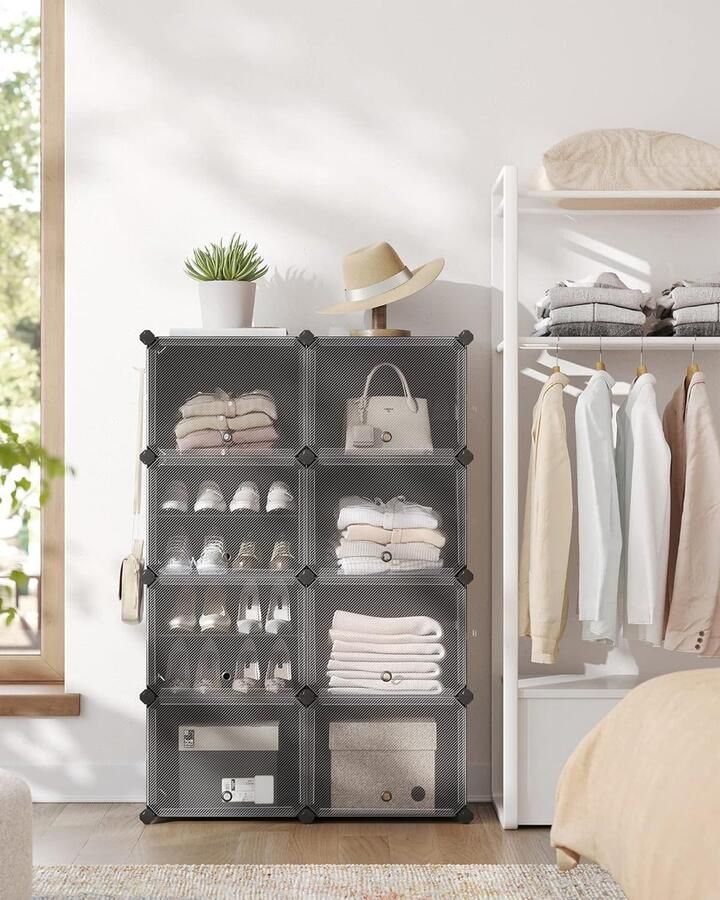 Schoenenrek met 8 vakken schoenenkast 30 x 40 x 30 cm per vak smal met deuren stalen frame kunststof voor hal slaapkamer entree zwart - Foto 2