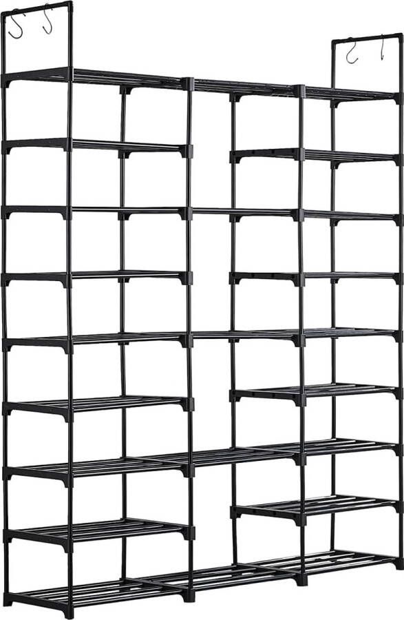Schoenenrek met 9 niveaus open staande plank schoenenkast met haken schoenenrek ruimtebesparend metalen schoenenopslag voor entree kleedkamer en gang 127 x 30 x 157 cm zwart