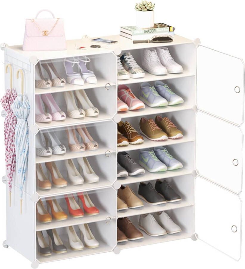 Schoenenrek met deuren en sleutelhouder uitbreidbare staande schoenenkast voor 12-24 paar schoenen laarzen pantoffels (2 x 6 verdiepingen) (wit)