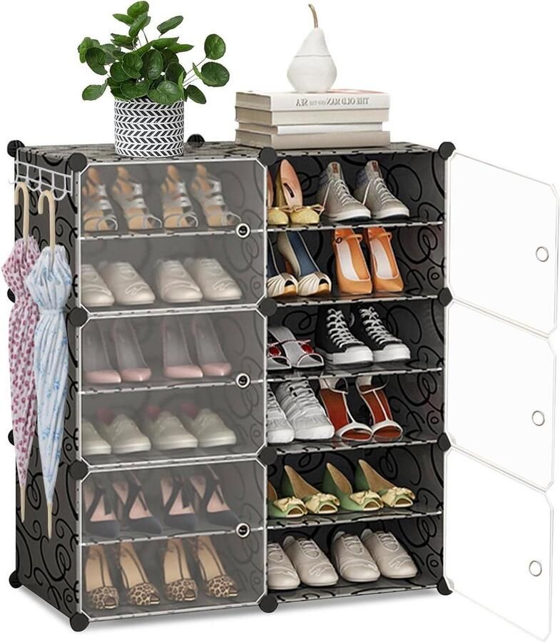 Schoenenrek met deuren Uitbreidbare staande schoenenkast voor 12-24 paar schoenen Laarzen pantoffels Sleutelhouder 2 x 6 etages Zwart