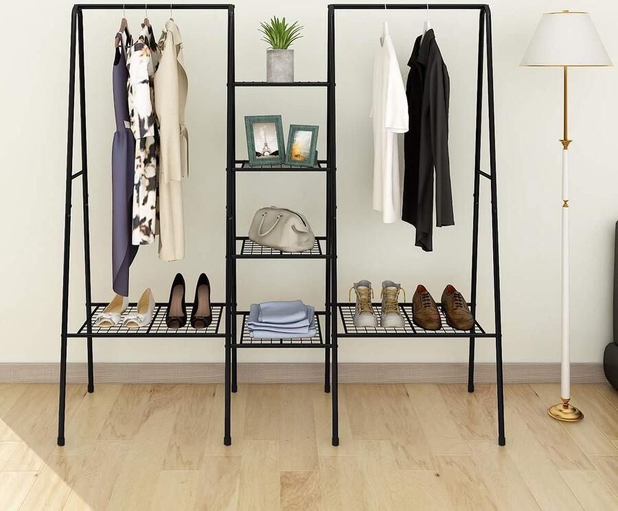 Metalen kledingrek kledingroede kapstok met schoenenrek zwart - Foto 2