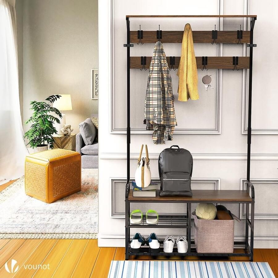 Schoenenrek met kapstok Kapstokstandaard halboom met schoenenopbergbank vrijstaande kapstok 185 x 85 x 33 cm