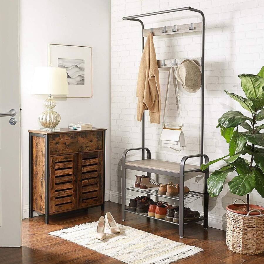 Schoenenrek met kapstok Kapstokstandaard halboom met schoenenopbergbank vrijstaande kapstok 33 7D x 72B x 183H centimeter