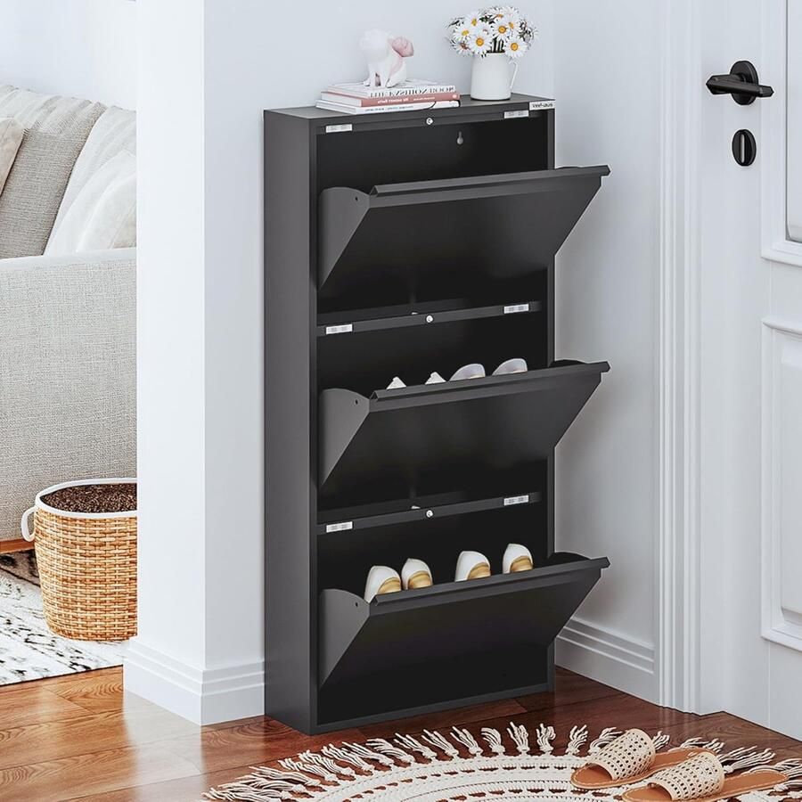 Schoenenrek met magnetische afdekking smalle metalen kast 1 stuk zwart hoog