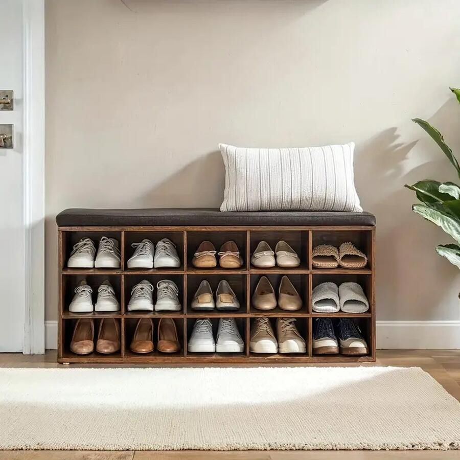 Schoenenrek met Zitje – Schoenenbank met Kussen – 15 Open Vakken – 105x30x48 cm – Ruimtebesparende Schoenenkast voor Hal Slaapkamer of Woonkamer