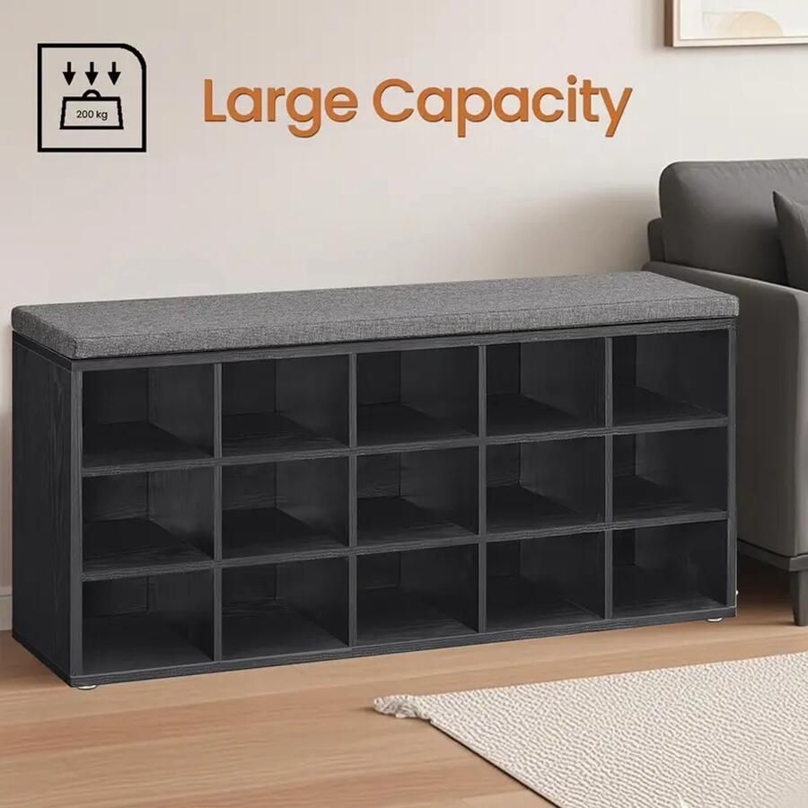 Schoenenrek met Zitje – Schoenenbank met Kussen – 15 Open Vakken – 105x30x48 cm – Ruimtebesparende Schoenenkast voor Hal Slaapkamer of Woonkamer