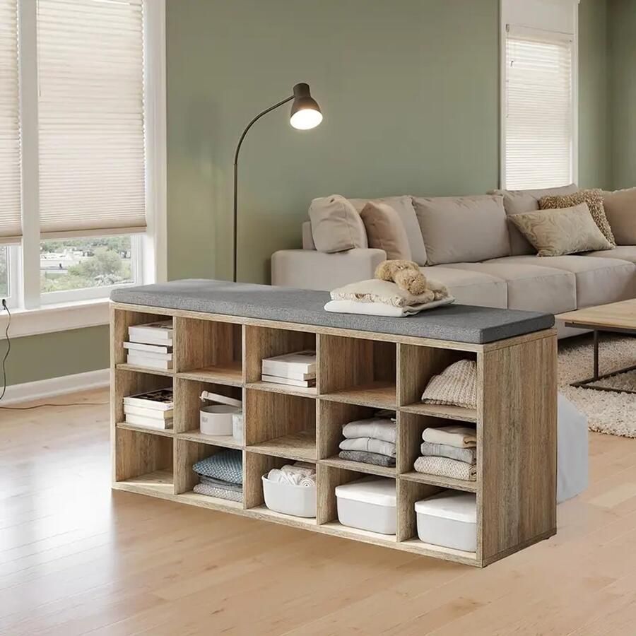 Schoenenrek met Zitje – Schoenenbank met Kussen – 15 Open Vakken – 105x30x48 cm – Ruimtebesparende Schoenenkast voor Hal Slaapkamer of Woonkamer