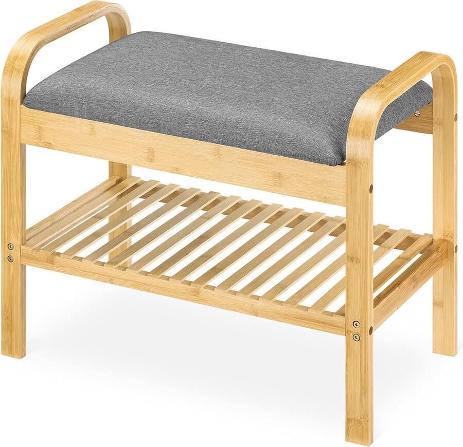 Schoenenrek met Zitting Bamboe Schoenenbank Zitkussen voor in de Hal Natuurlijk Houten Bank met Grijs Kussen 60 x 50 x 33 cm