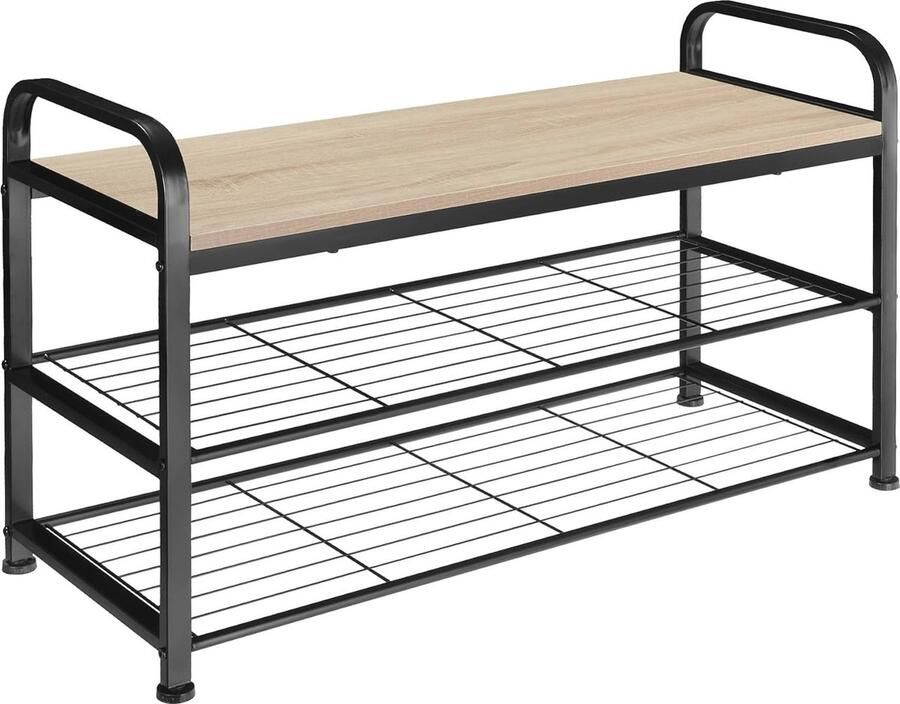 Schoenenrek met Zitting Industriële Schoenenbank van Hout en Metaal 3 Niveaus met Roosterplanken 91 x 36 x 55 cm Zwart Frame - Foto 2