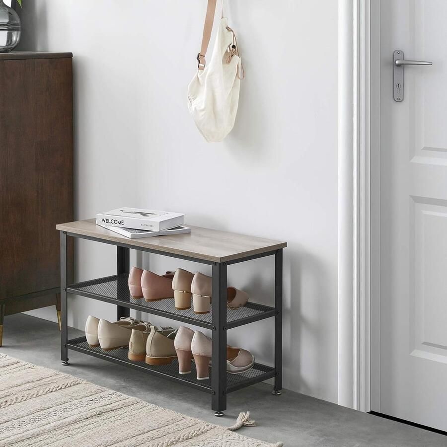 Schoenenbank industriële schoenenrek 3-laags opbergorganizer met zitplank stalen frame entree woonkamer hal greige en zwart 73x30x45 cm