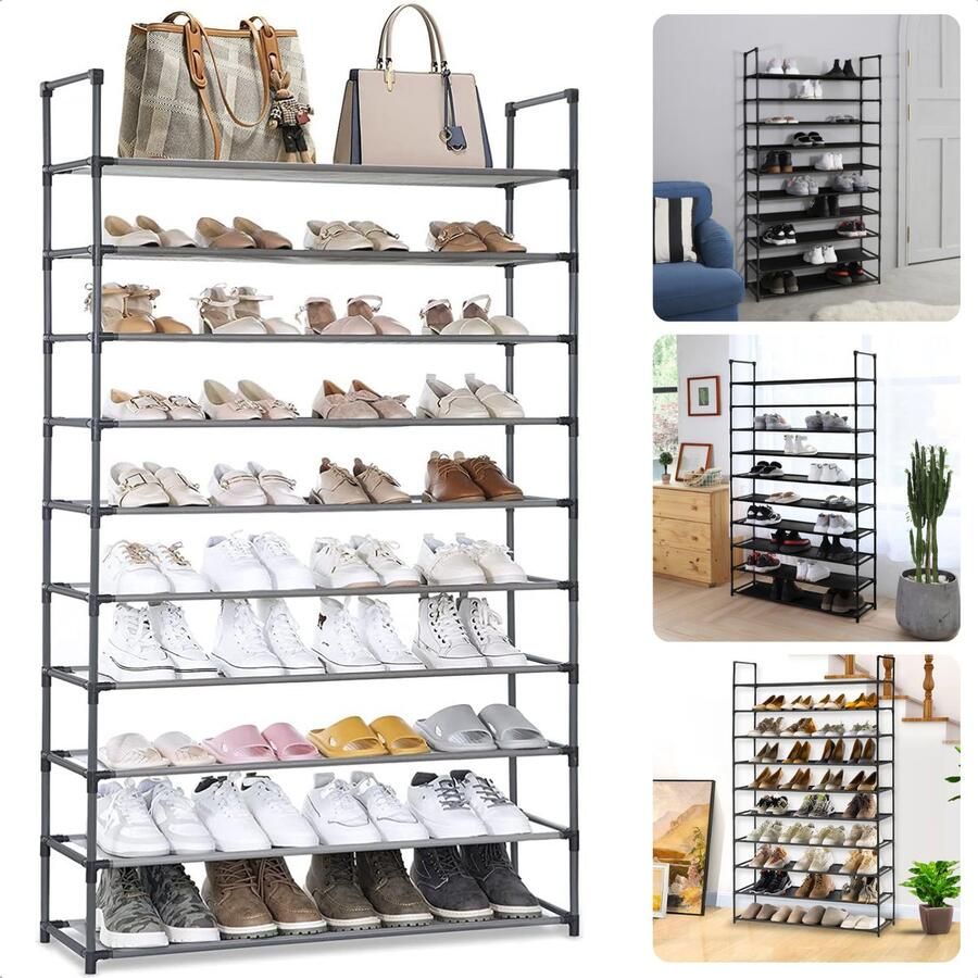 Cheqo Schoenenrek Metaal Opbergsysteem voor Schoenen Schoenenkast 10 Laags Voor 40 Paar Schoenen Zwart Waterafstotend Inclusief EBOOK