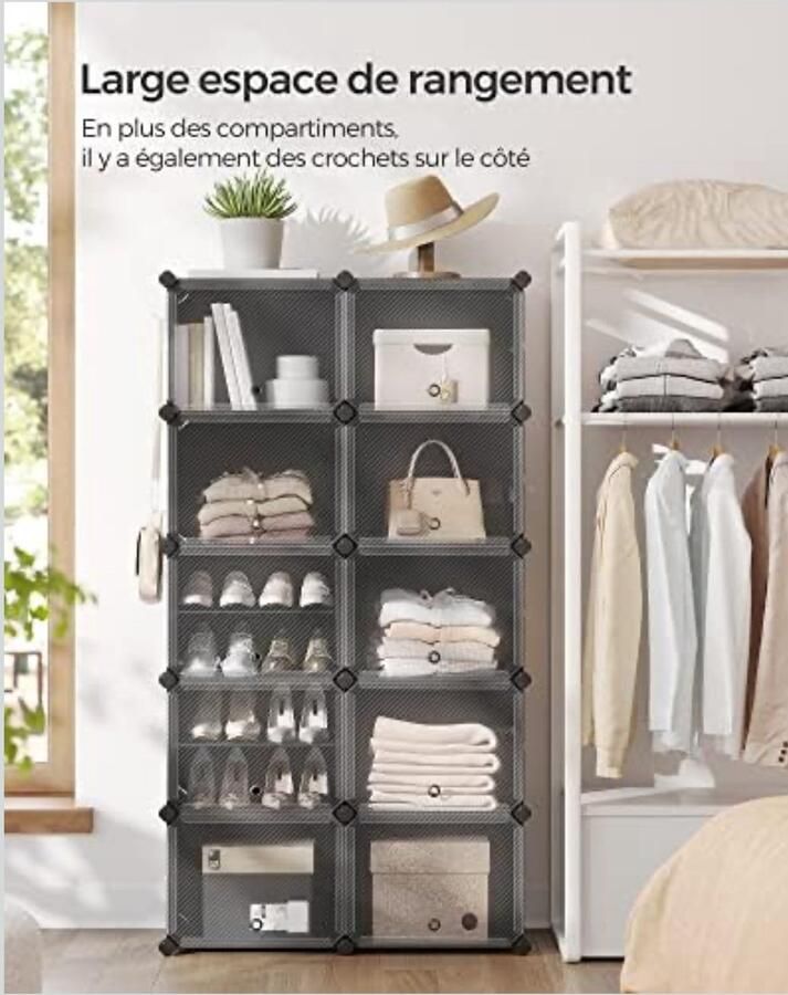 Schoenenrek modulaire opbergkast 10 vakken met deuren stalen frame kunststof panelen 30 x 40 x 30 cm per vak zwart