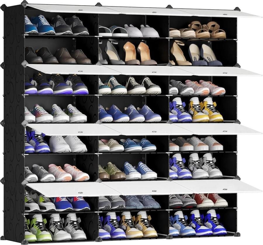 Schoenenrek Multifunctioneel Modulaire Schoenenorganizer Verwijderbare Scheidingswand Kunststof en Metalen Frame Rekkensystemen en Schoenenrekken Melkwitte Deuren Zwarte Kast 3X8