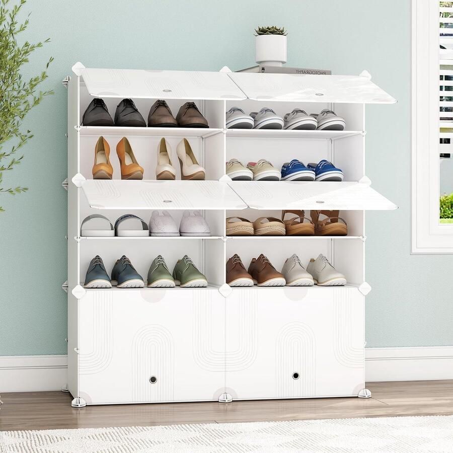 Schoenenrek Multifunctionele Modulaire Schoenenorganizer Verwijderbare Scheidingswand Kunststof en Metalen Frame Rekkensystemen en Schoenenrekken Melkwit met draad 2X6