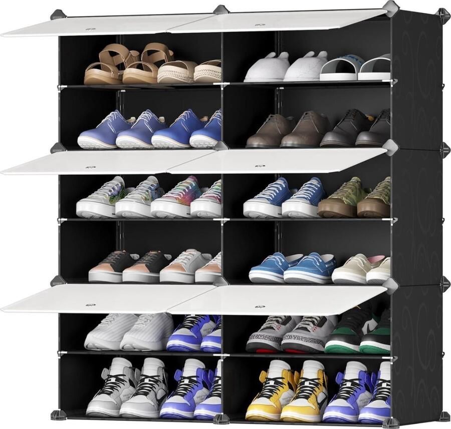 Schoenenrek Multifunctionele Modulaire Schoenenorganizer Verwijderbare Scheidingswand Kunststof en Metalen Frame Rekkensystemen en Schoenenrekken Melkwitte Deuren Zwarte Kast 2X6