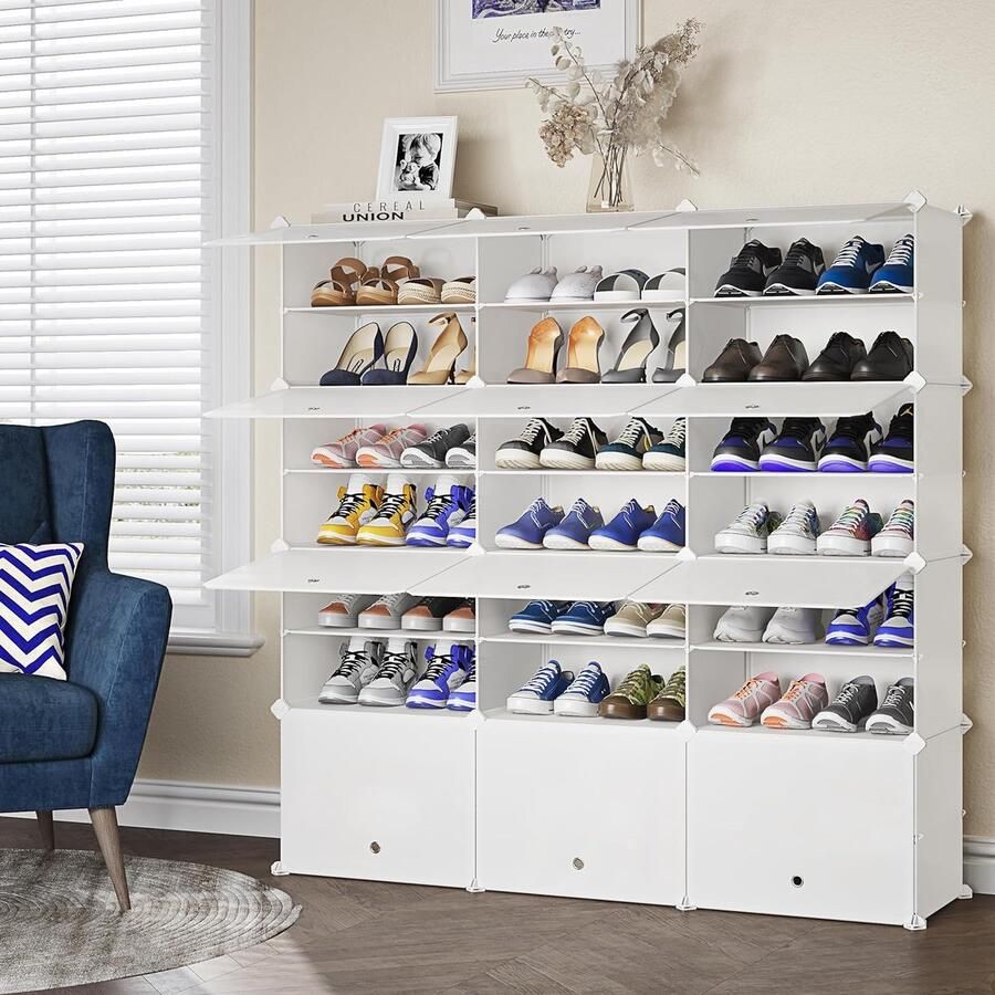 Schoenenrek Multifunctionele Modulaire Schoenenorganizer Verwijderbare Scheidingswand Kunststof en Metalen Frame Rekkensystemen en Schoenenrekken 3X8 Melkwit