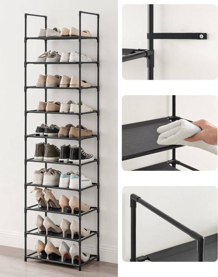 schoenenrek opbergen van schoenen 10 niveaus open schoenenkast opbergen van schoenen smal 45 x 28 x 173 cm metalen frame planken van niet-geweven stof voor hal slaapkamer zwart