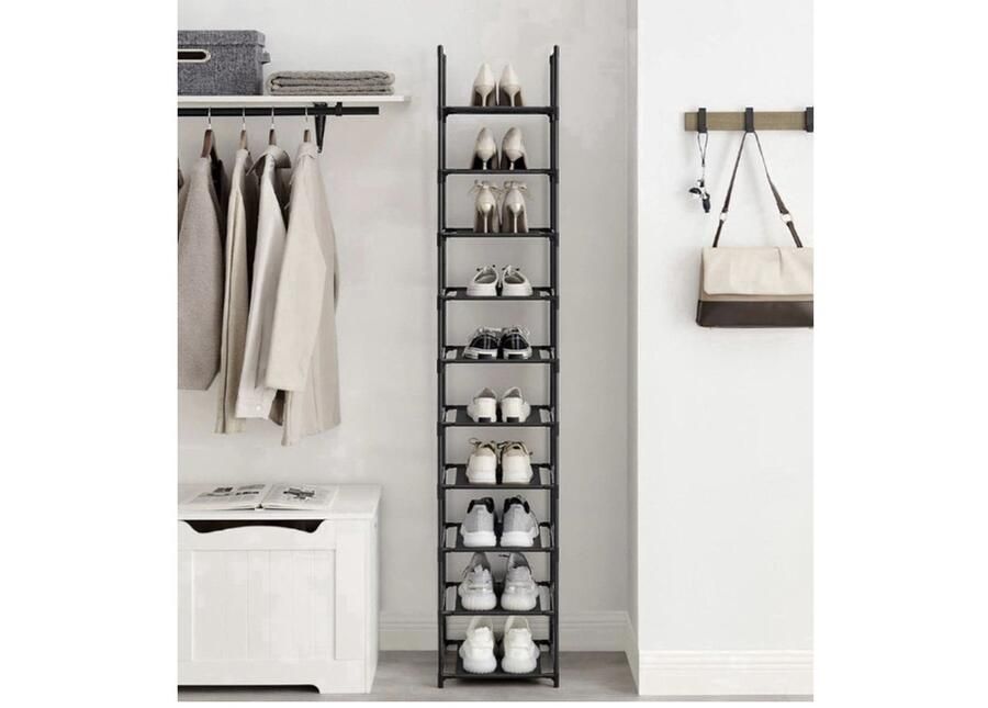 Schoenenrek Opbergen van Schoenen Schoenenbank 10 niveaus Open Schoenenkast Opbergkast van Schoenen Industrieel Smal en Hoog 33 x 33 x 173 cm Metalen Frame Zwart