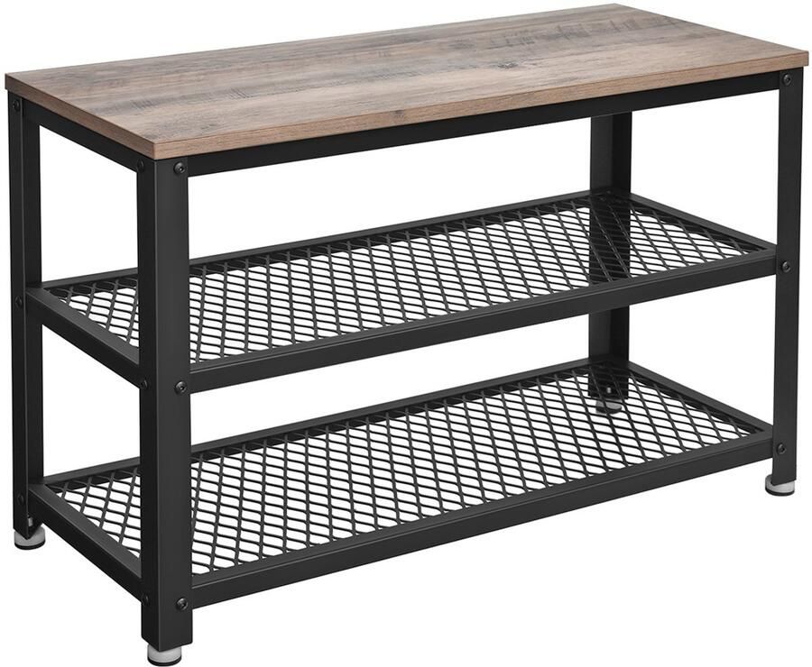 Schoenenrek opbergrek multifunctioneel opbergmeubel met 2 metalen gaasplanken en 1 bovenblad dat als schoenenbank kan dienen geschikt voor hal woonkamer gang en slaapkamer 73 x 30 x 45 cm grijs en zwart